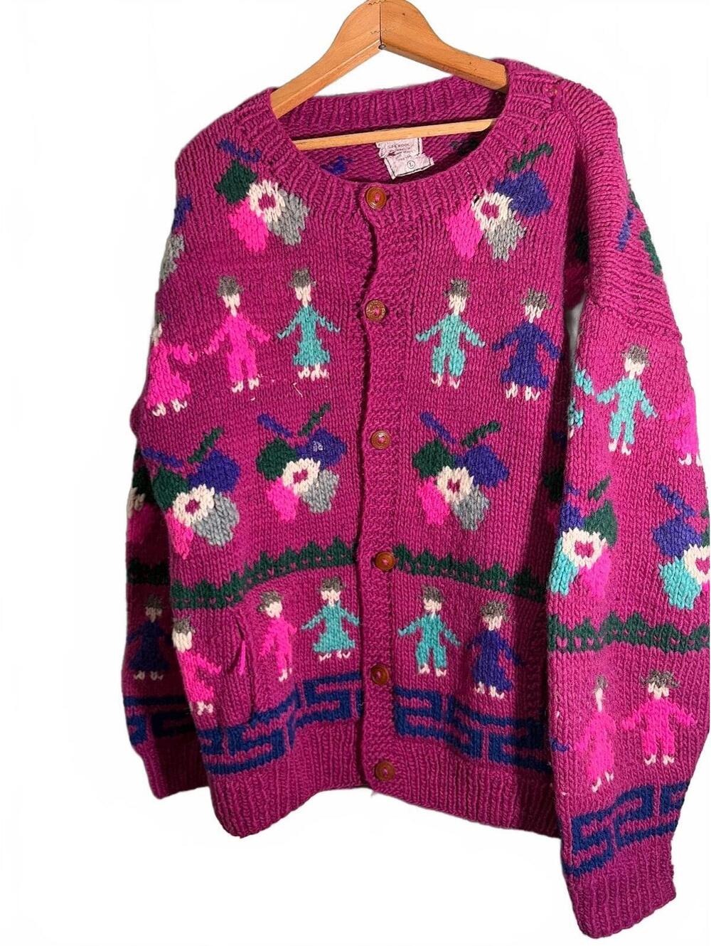 Vintage Matisab 100% Wool Hand Knit Cardigan Sweater Size Large